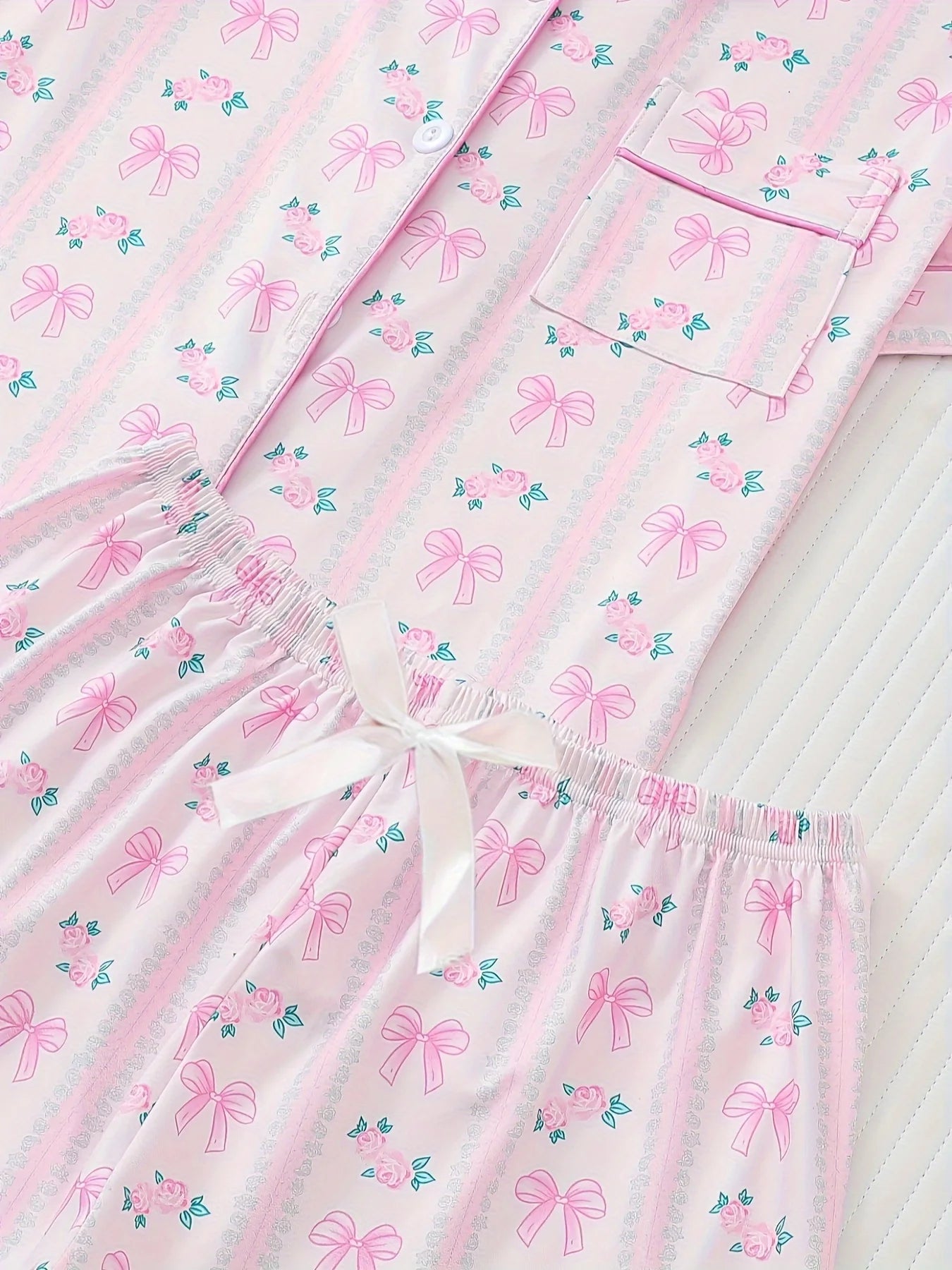 Women Pastel Bow Print Short Sleeve Pajama Set | Celestine