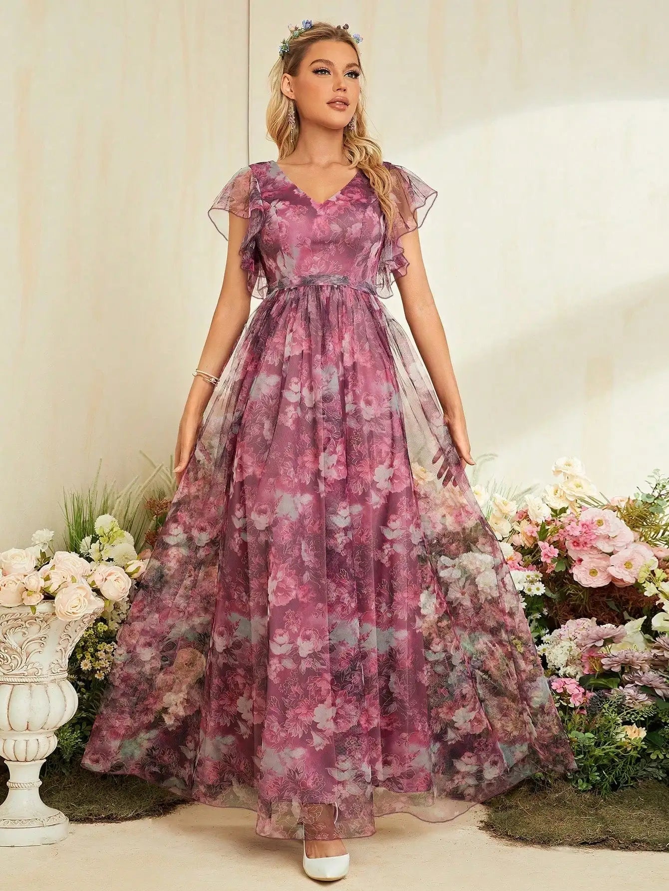 Floral Flutter Sleeve Maxi Dress | Kaye