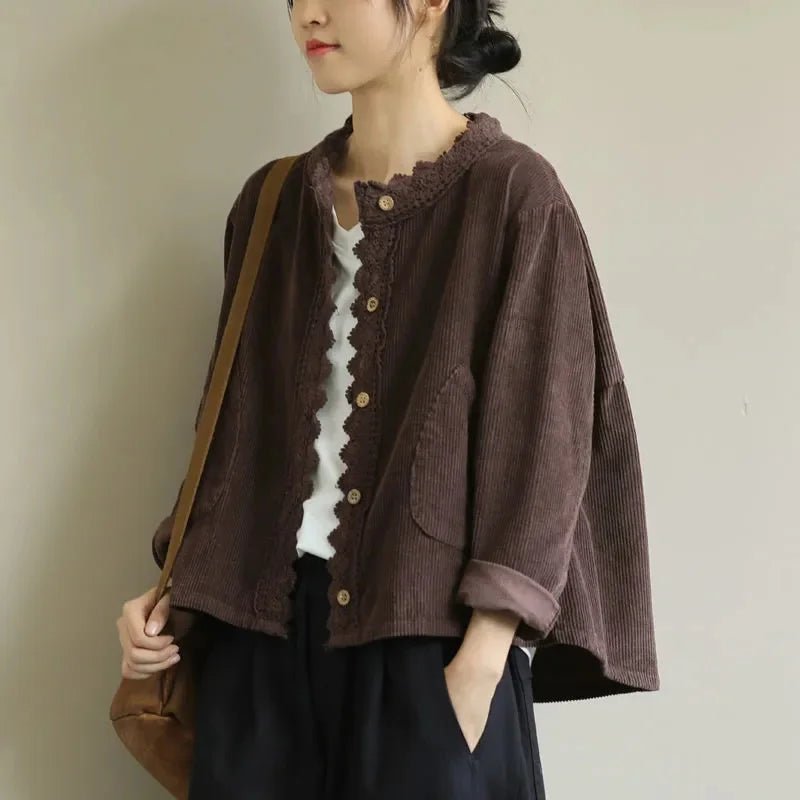 Variant image for Women Short Jacket Beige Corduroy | Elegant Style-4