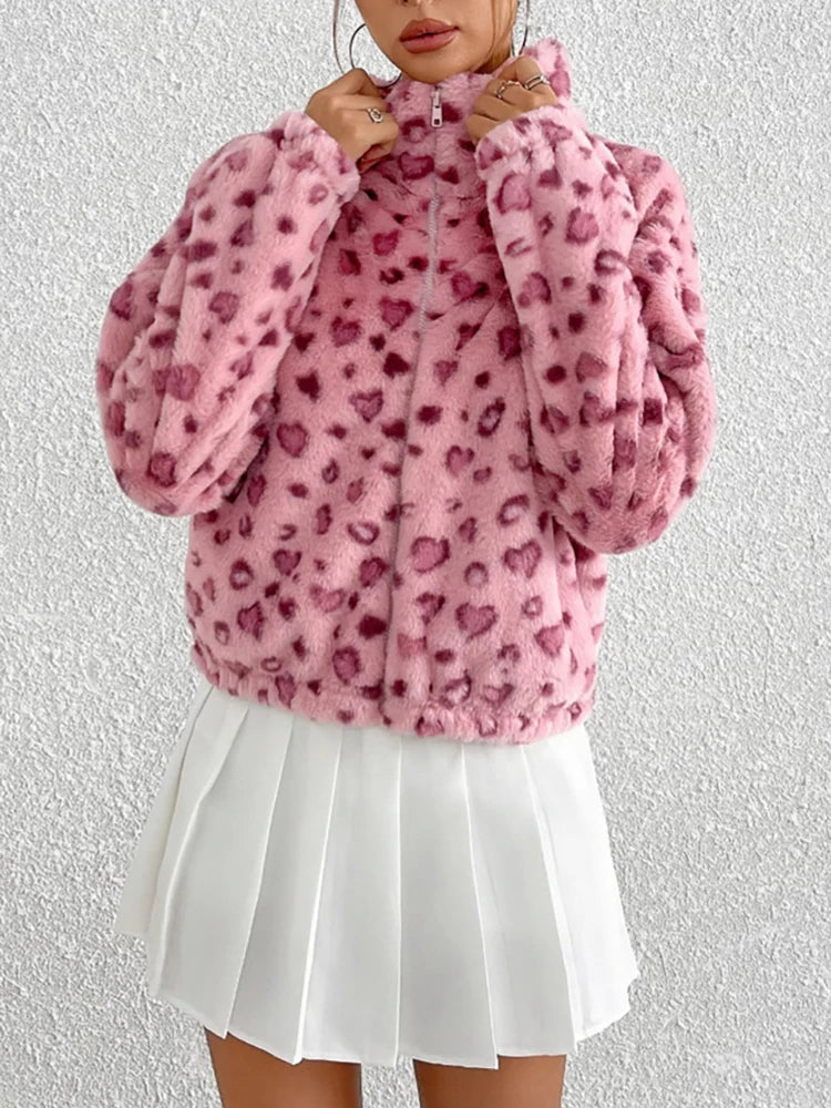 Women Pink Leopard Fleece Jacket | Mia