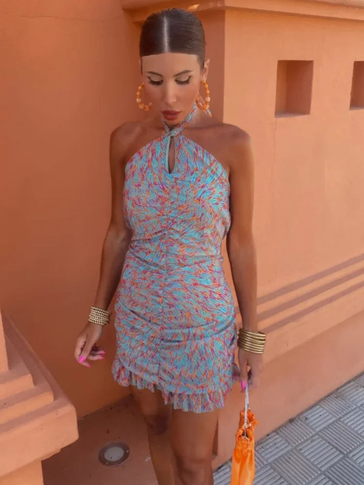 Women Halter-Neck Ruched Mini Dress with Ruffle Hem | Amelina