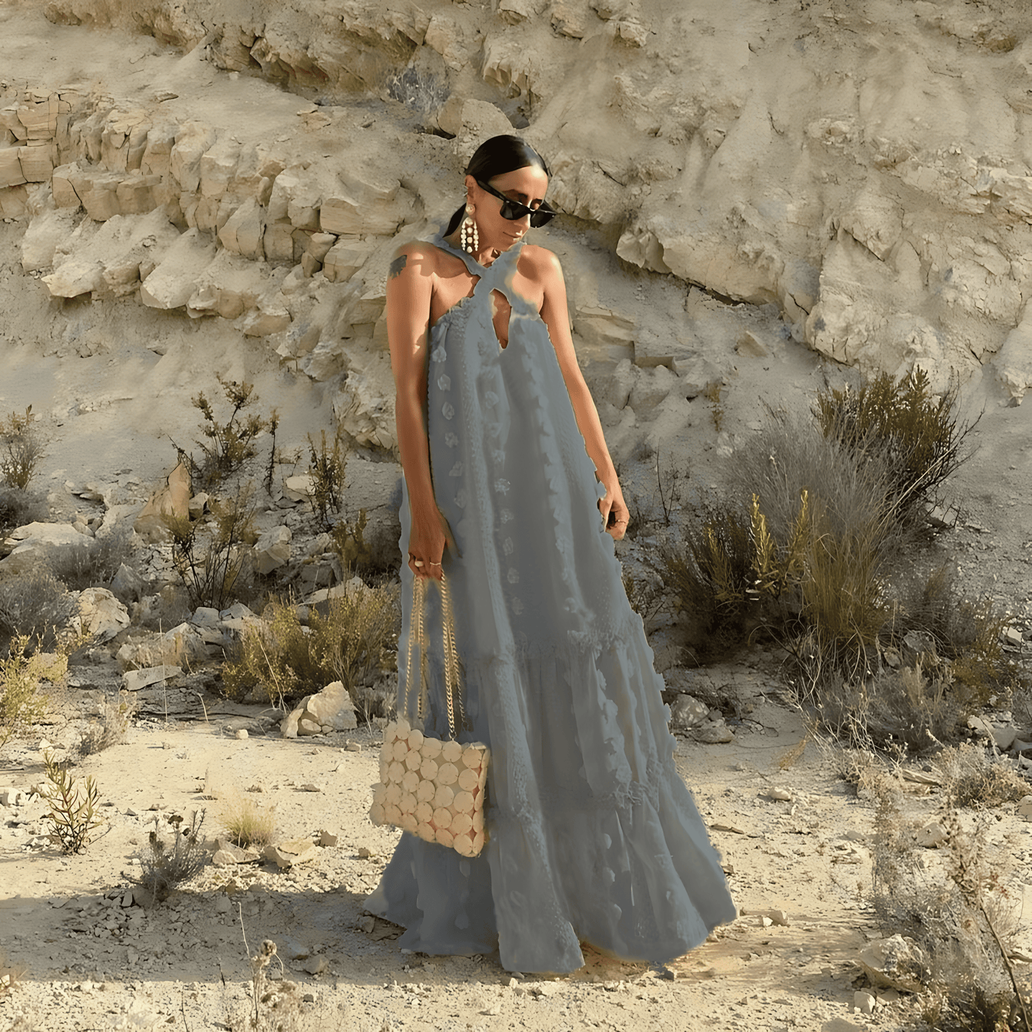 Women Flowy Halter Dress with Floral Detailing | Karina
