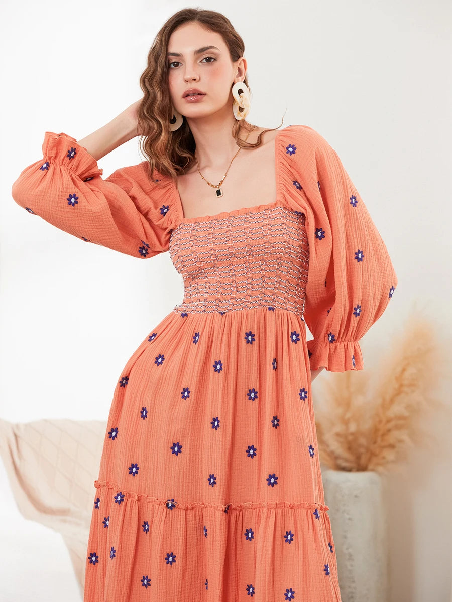 Women Off-Shoulder Smocked Maxi Dress | Kaira
