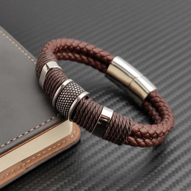 Men's Leather Bracelet Brown Stainless Steel | Classic Elegance-3