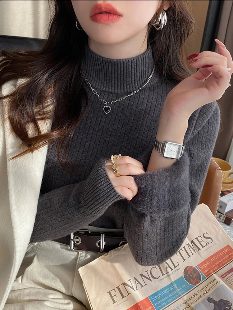 High-Neck Ribbed Sweater with Fur Trim | Edithmae