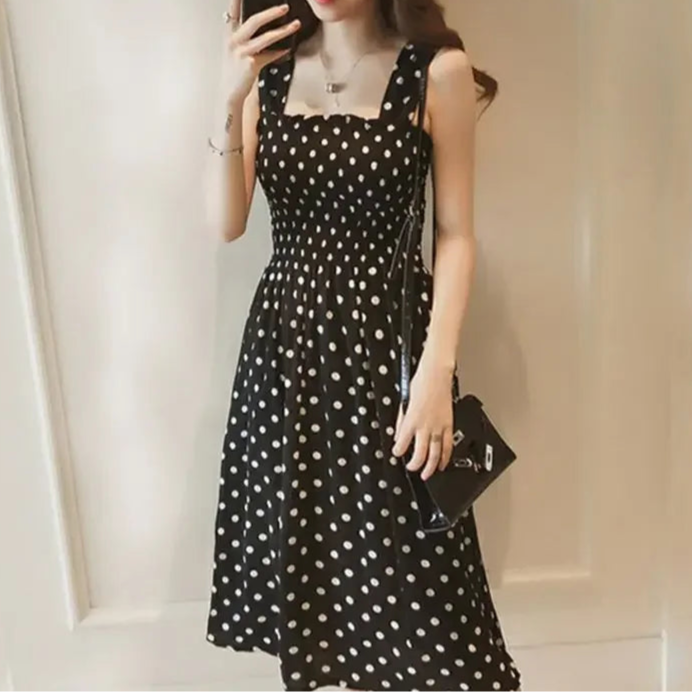 Women Polka Dot Smocked Midi Dress | Carla