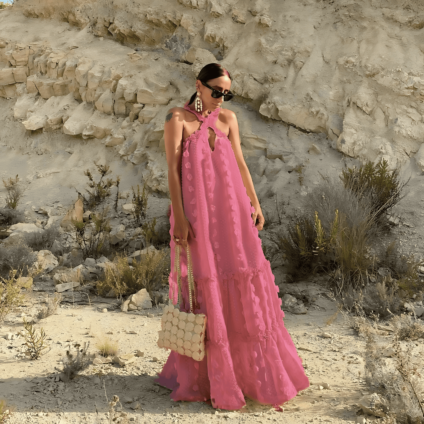Women Flowy Halter Dress with Floral Detailing | Karina