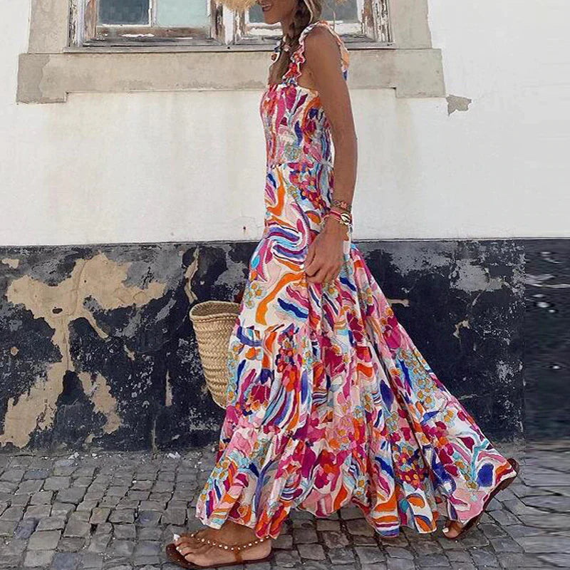 Women Floral Print Halter Maxi Dress with Smocked Waist | Lesley
