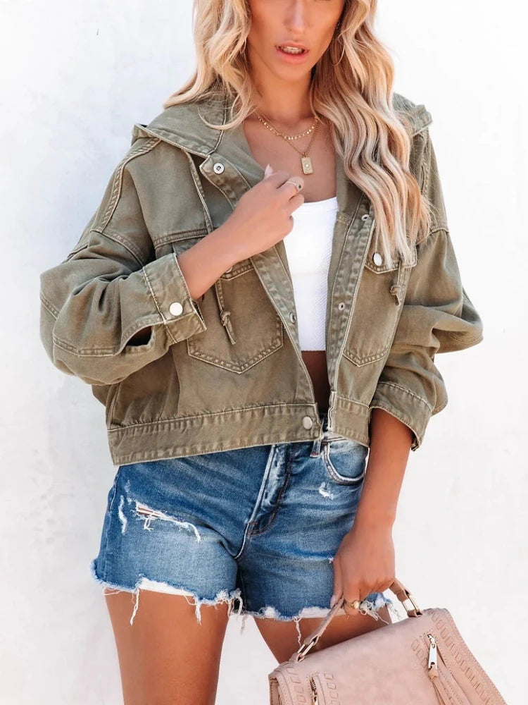 Women Hooded Denim Jacket Blue Denim | Vintage Style-3