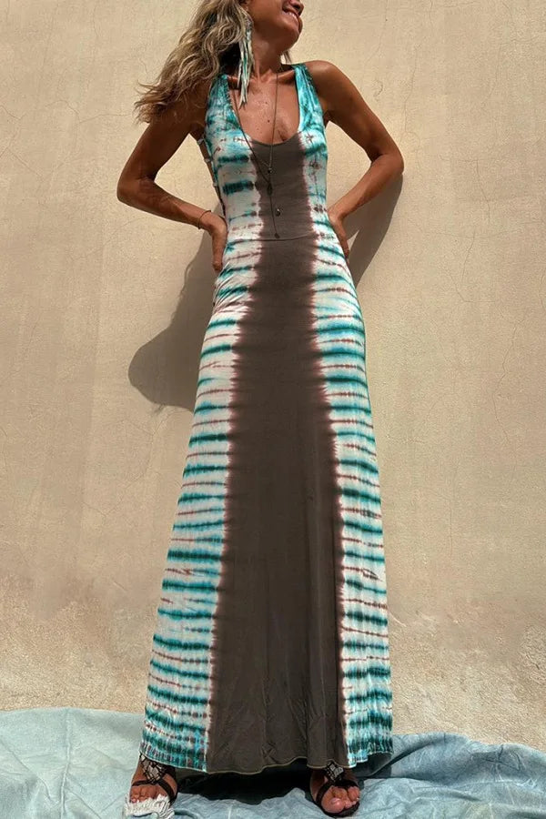 Women Backless Boho Tie-Dye Maxi Dress | Mamie