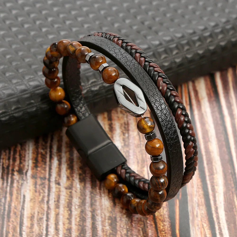 Variant image for Men's Leather Bracelet Black Multilayer | Urban Style-26