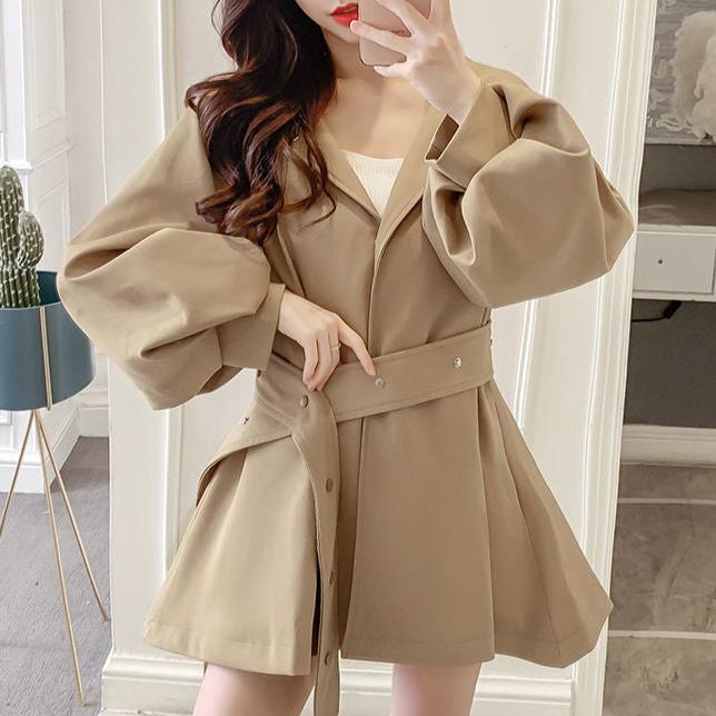 Women Belted Puff Sleeve Trench Coat | Grace