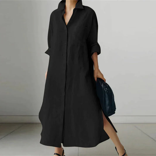 Women Button-Up Shirt Dress with Side Slit | Evelyn