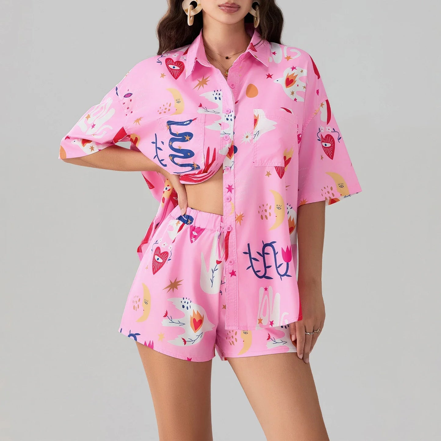 Women Playful Print Button-Up Shirt and Shorts Set | Alexa