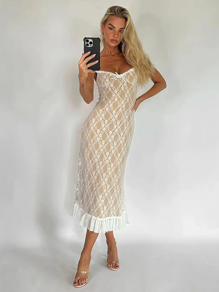 Women Lace Mesh Bodycon Midi Dress | Clydie