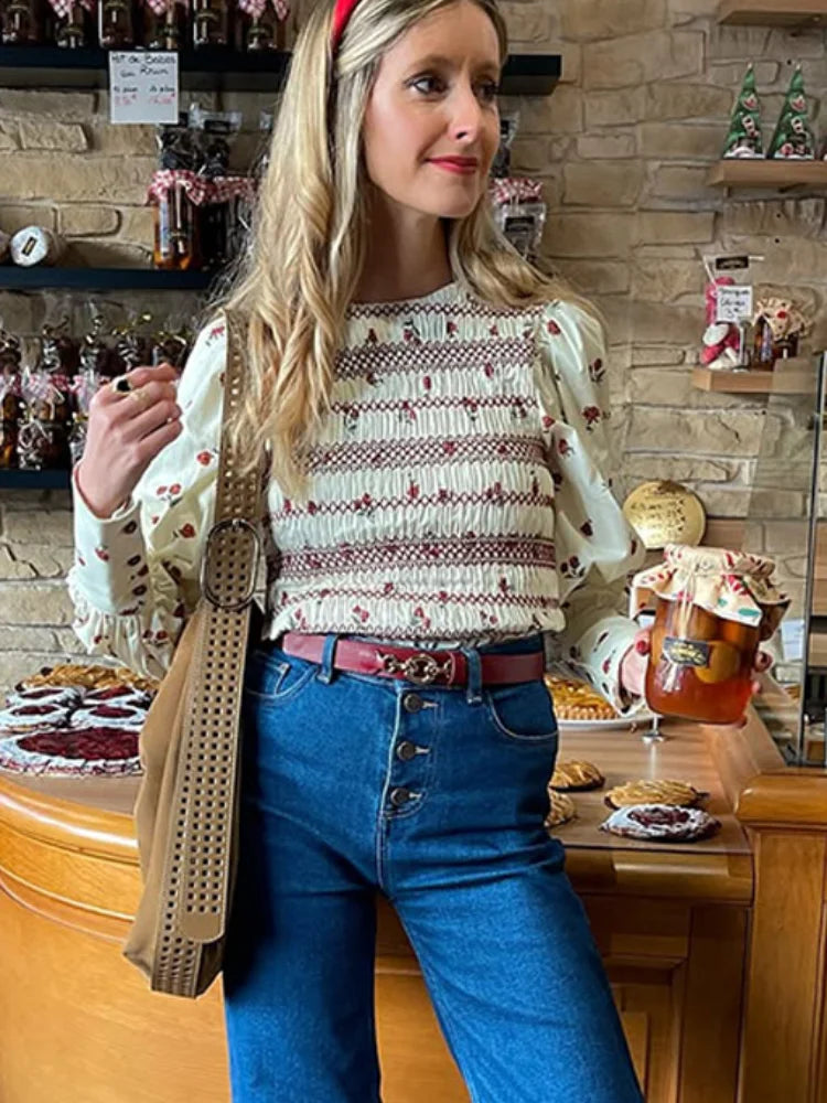 Women Vintage Smocked Floral Blouse | Elnora