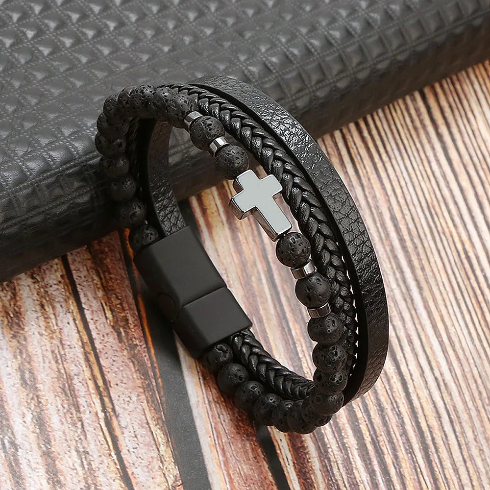 Variant image for Men's Leather Bracelet Black Multilayer | Urban Style-56