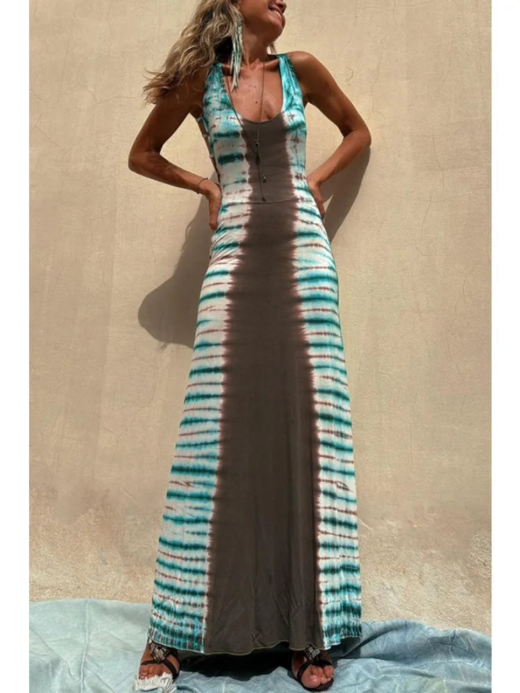 Women Backless Boho Tie-Dye Maxi Dress | Mamie