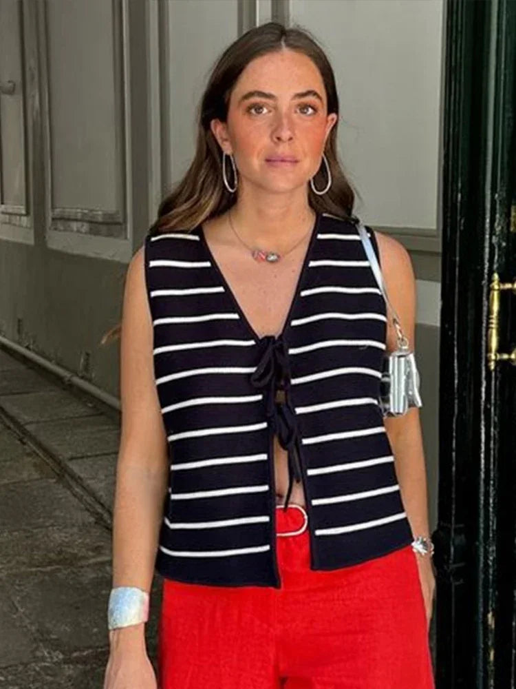 Women Striped Tie-Front Knit Vest | Imogen