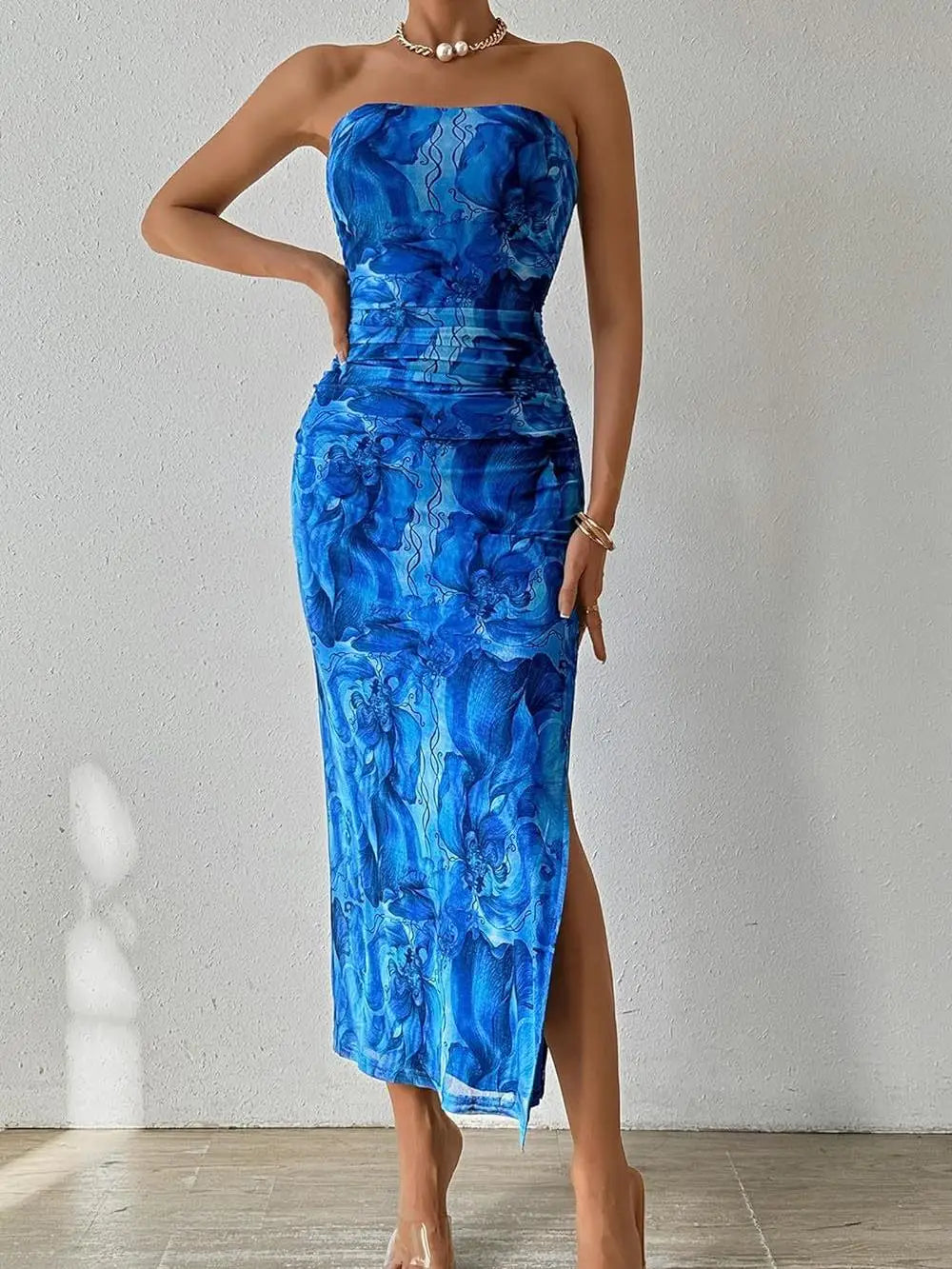 Women Strapless Floral Bodycon Maxi Dress | Celine