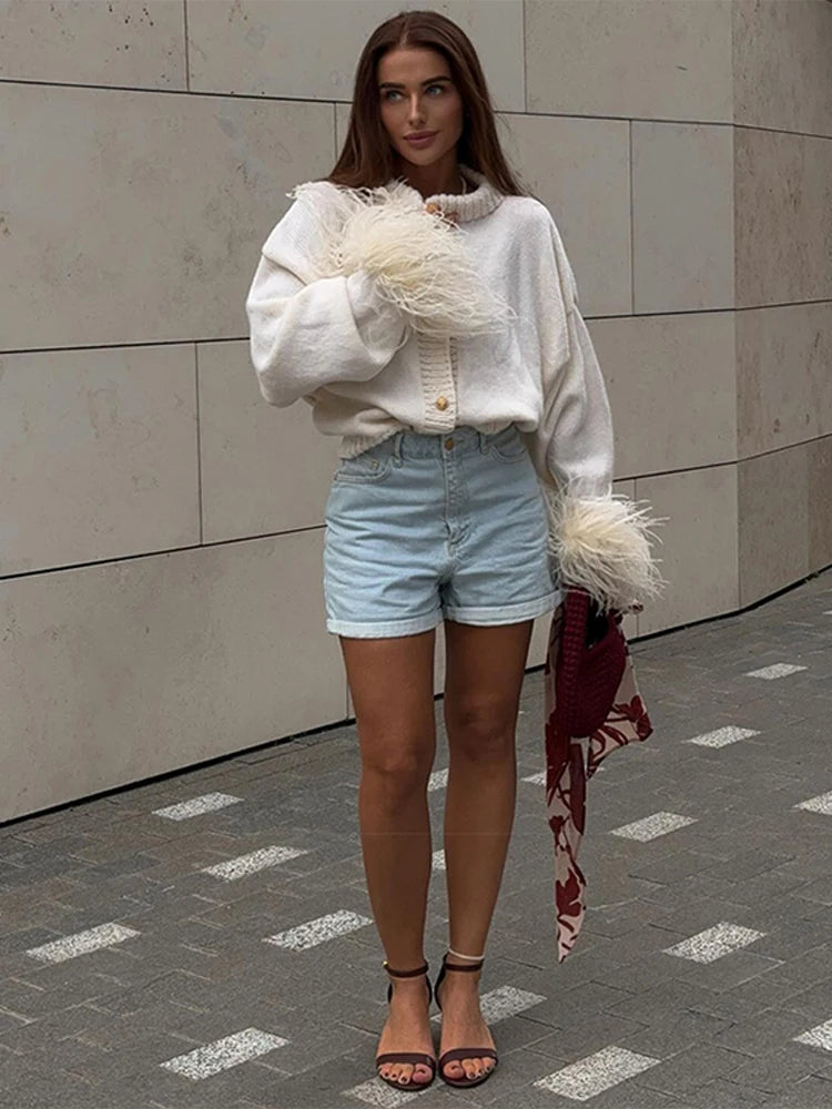 Women Feather Cuff Knit Cardigan | Geraldina