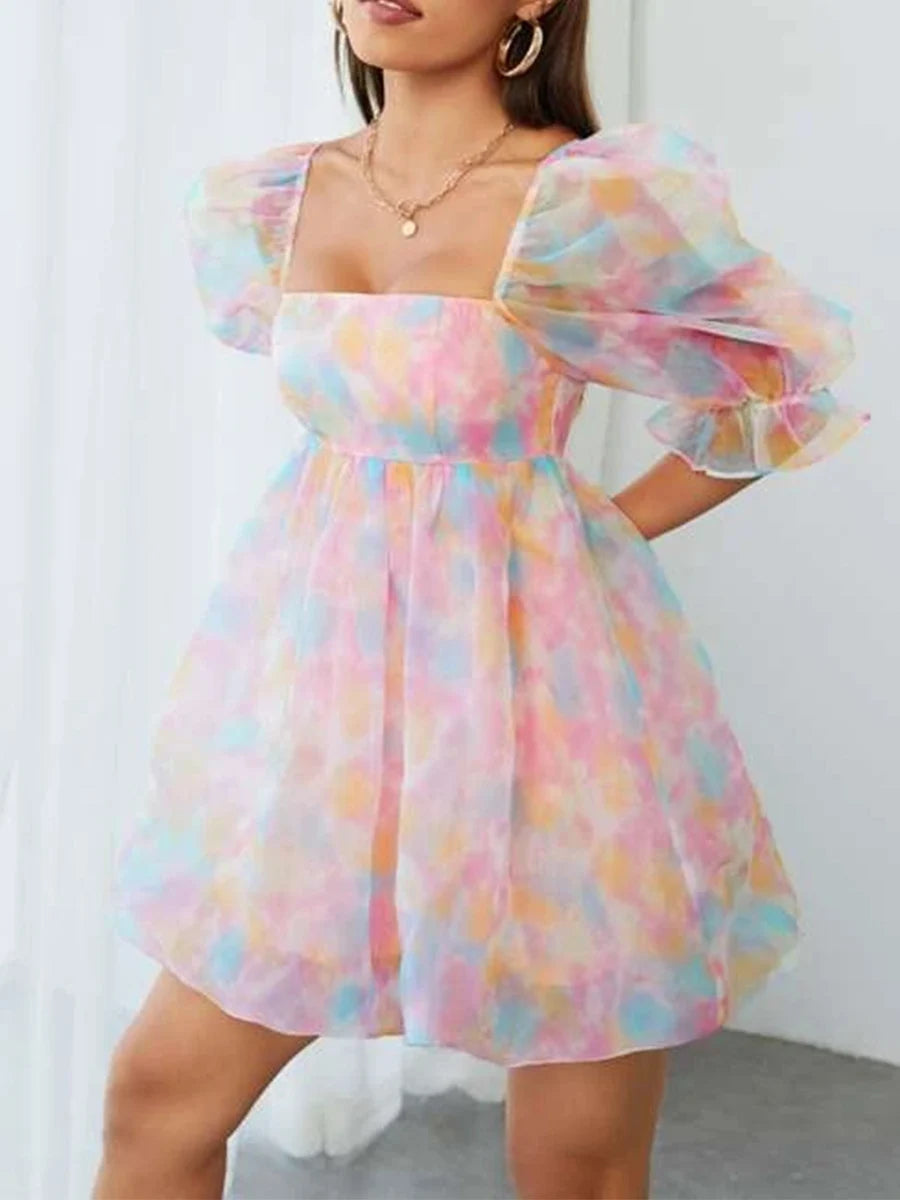 Women Pastel Puff Sleeve Mini Dress | Maricela