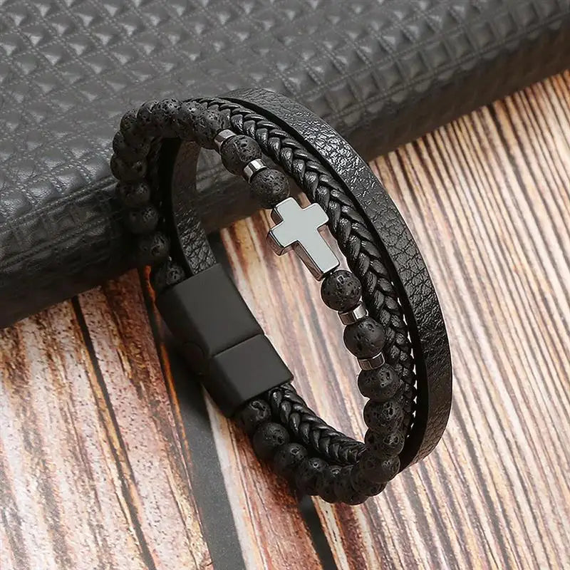 Variant image for Men's Leather Bracelet Black Alloy | Classic Style-7