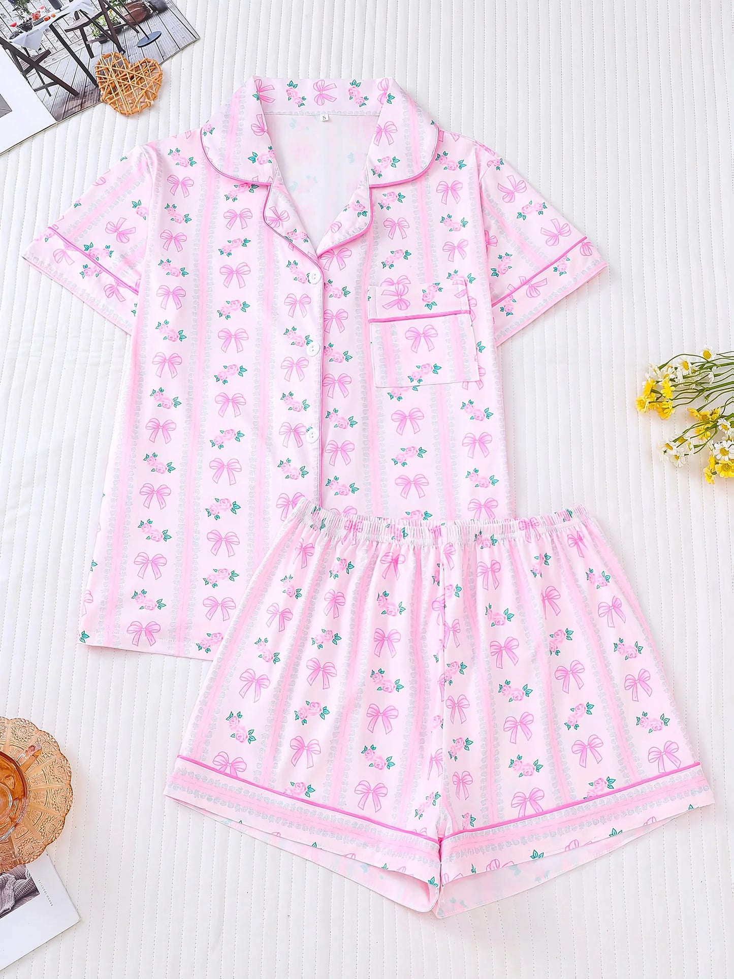 Women Pastel Bow Print Short Sleeve Pajama Set | Celestine