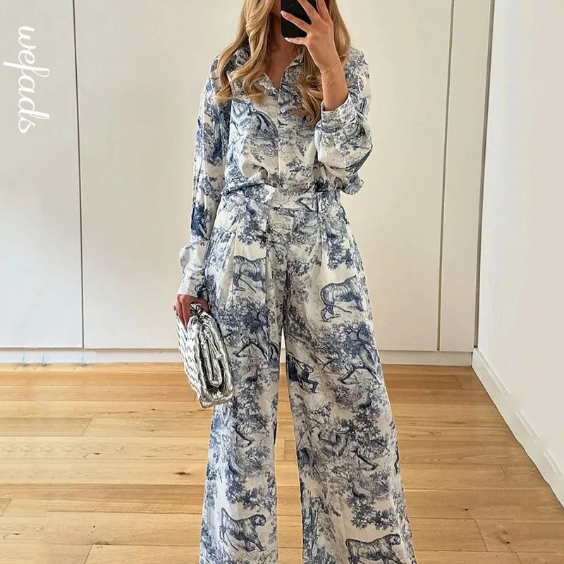 Women Elegant Blue Porcelain Print Set | Delphine