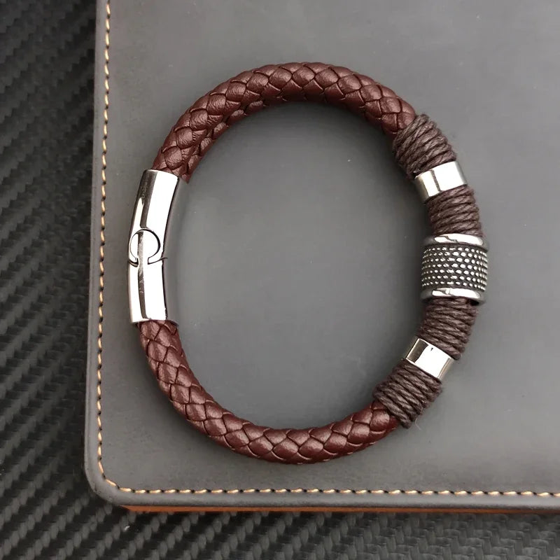 Men's Leather Bracelet Brown Stainless Steel | Classic Elegance-5