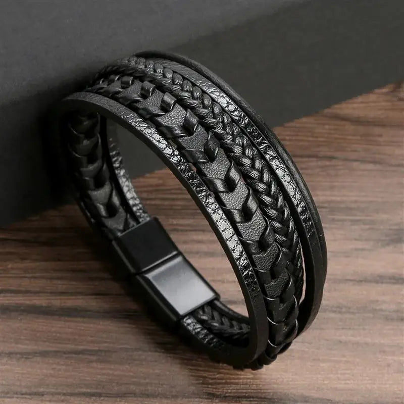 Variant image for Men's Leather Bracelet Black Alloy | Classic Style-55