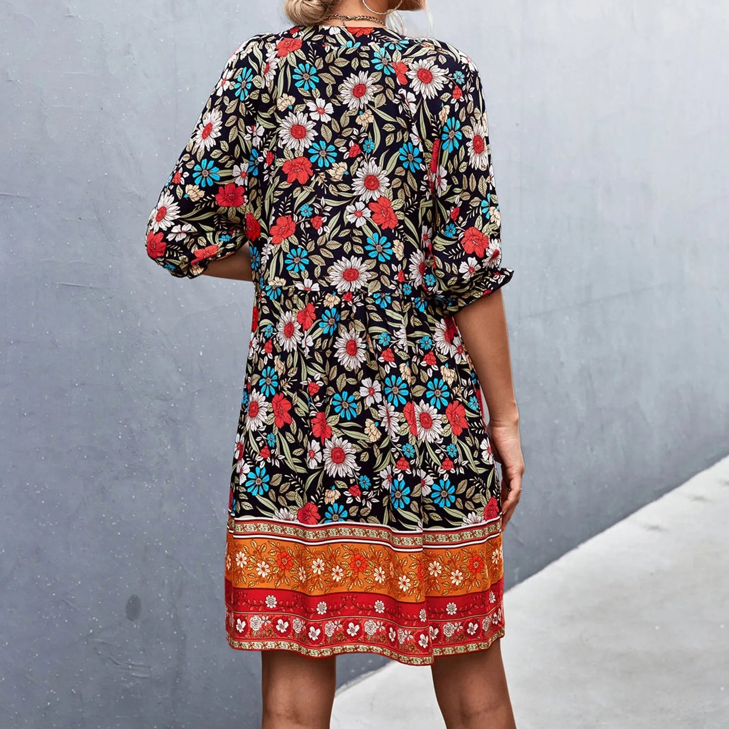 Women Boho Floral V-Neck Mini Dress | Elira