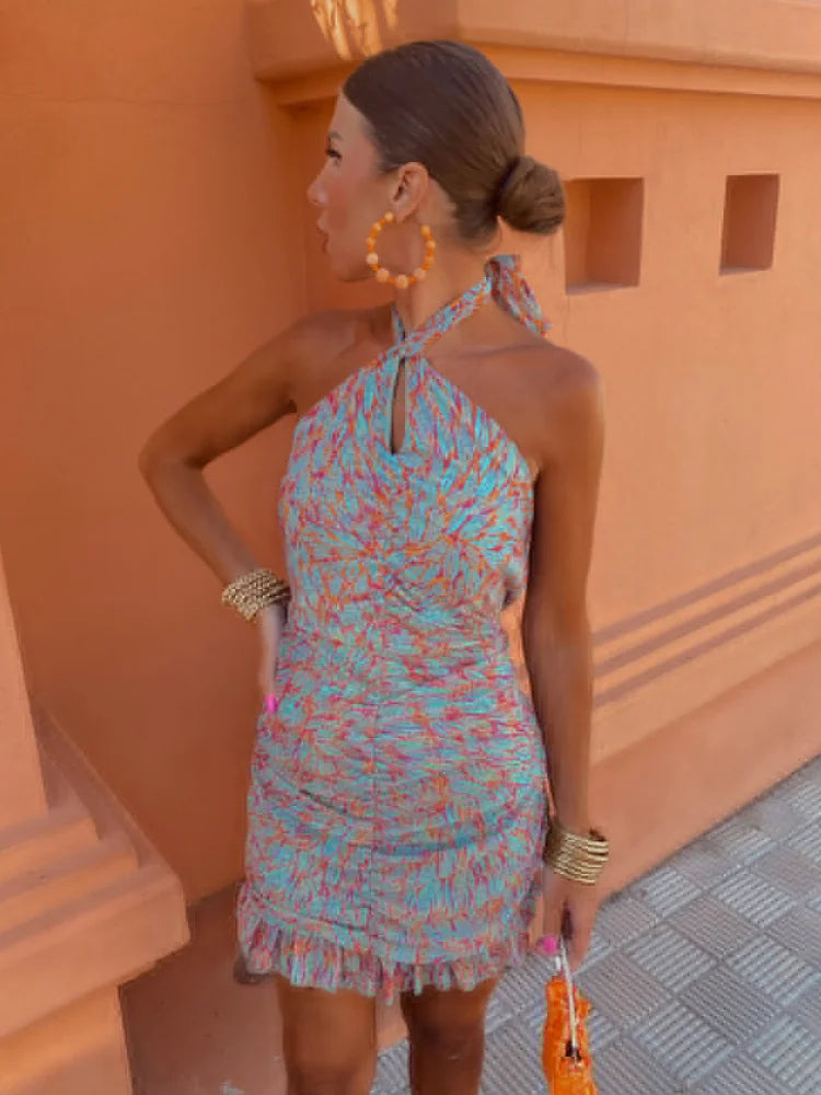 Women Halter-Neck Ruched Mini Dress with Ruffle Hem | Amelina