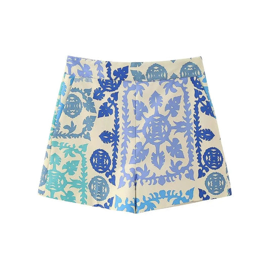 Women Blue Tile Print High-Waisted Shorts | Bertha