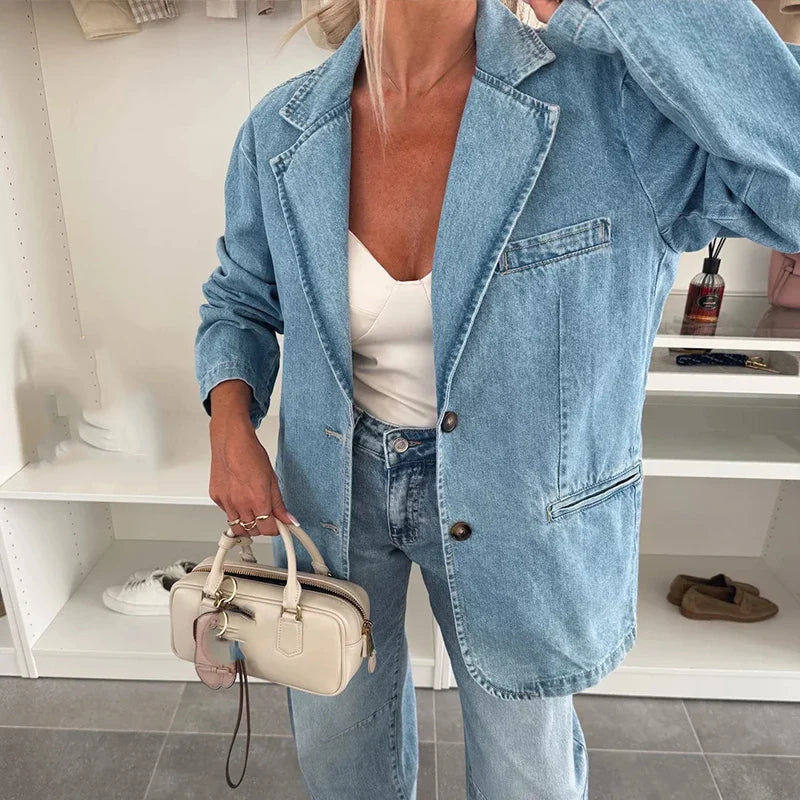 WomenTailored Denim Button Blazer | Jaelle