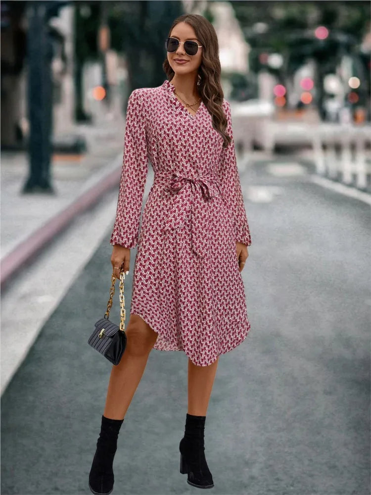 Women Casual Dress Blue Print Polyester | Elegant Autumn Style-4