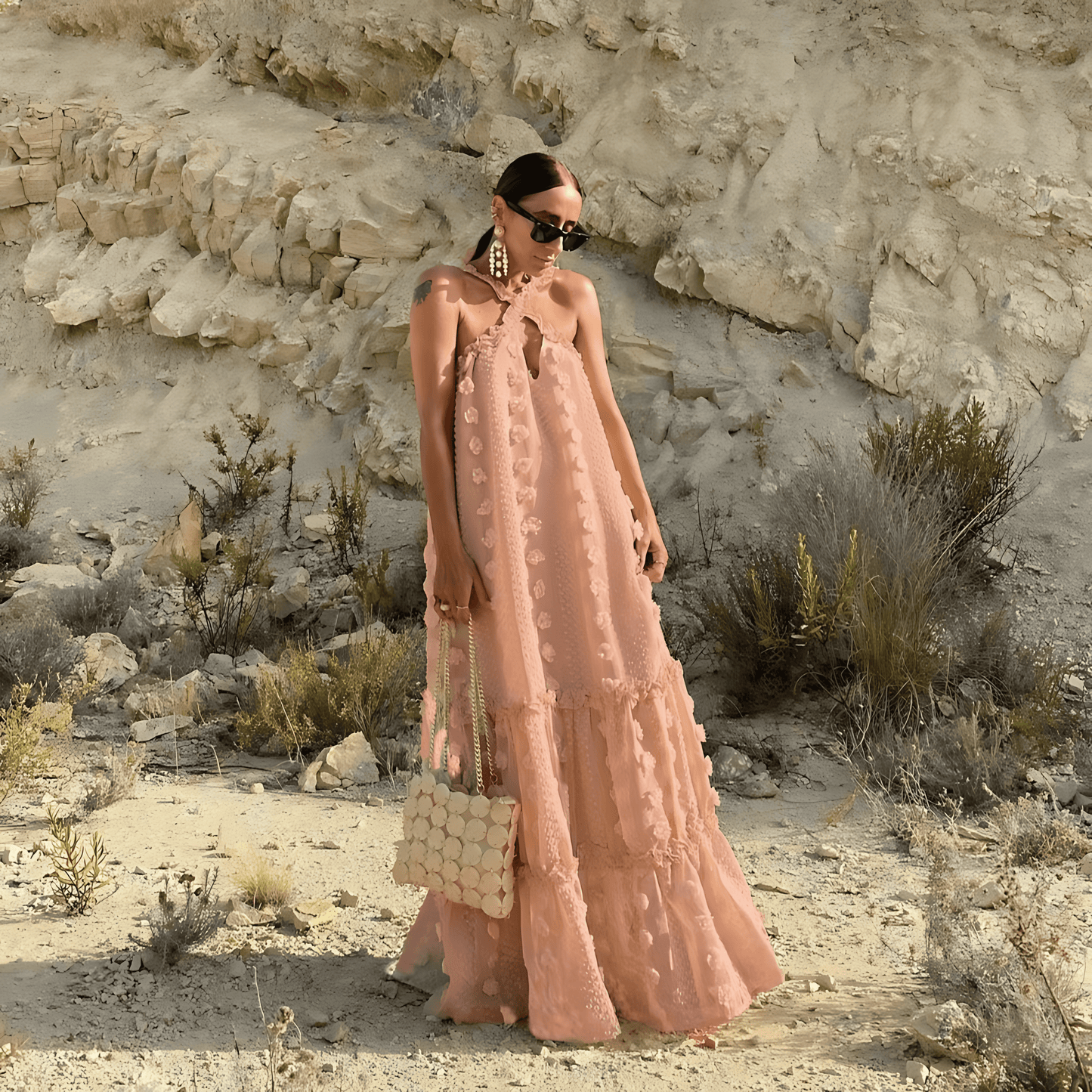 Women Flowy Halter Dress with Floral Detailing | Karina