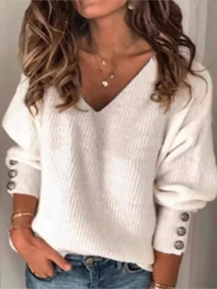 V-Neck Button Sleeve Knit Sweater | Claudine