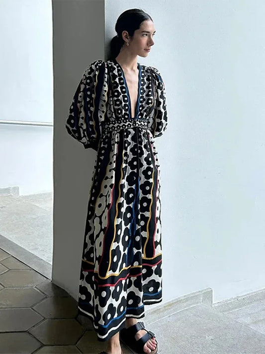 Women Bold Printed Maxi Dress with Balloon Sleeves | Aria