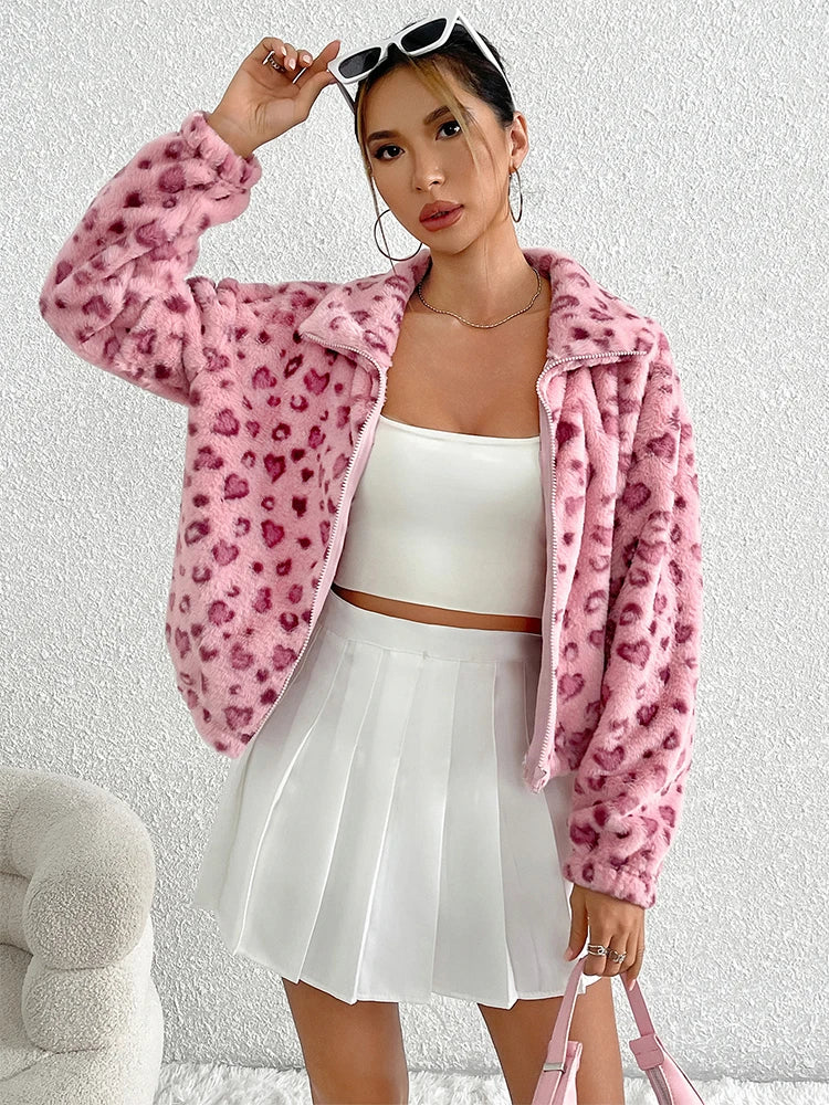 Women Pink Leopard Fleece Jacket | Mia