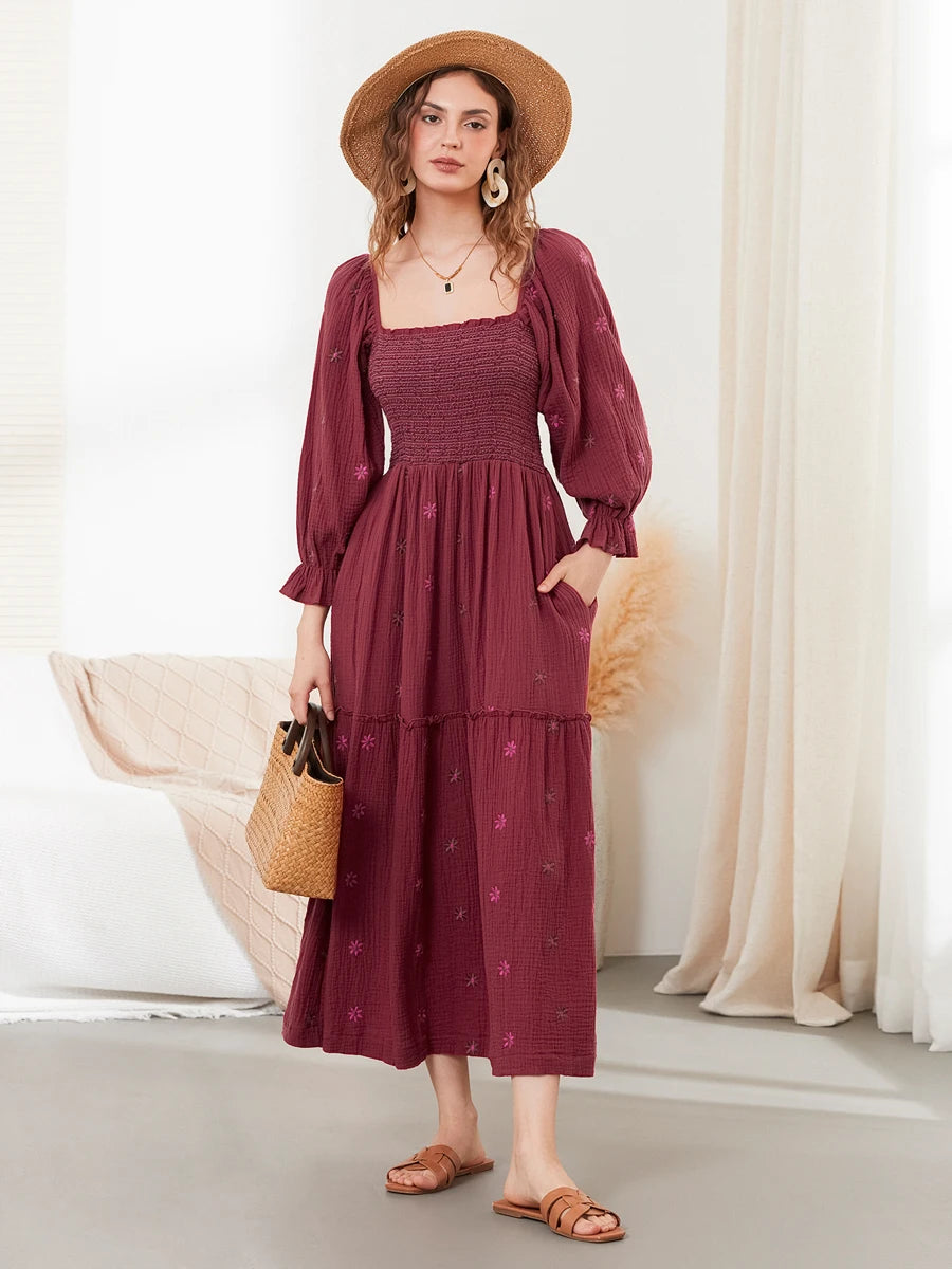Women Off-Shoulder Smocked Maxi Dress | Kaira