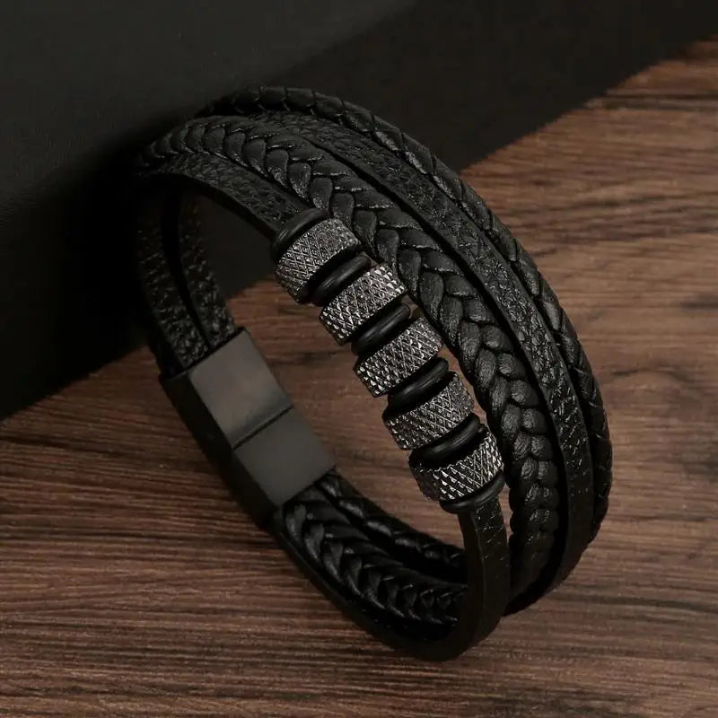 Variant image for Men's Leather Bracelet Black Alloy | Classic Style-46