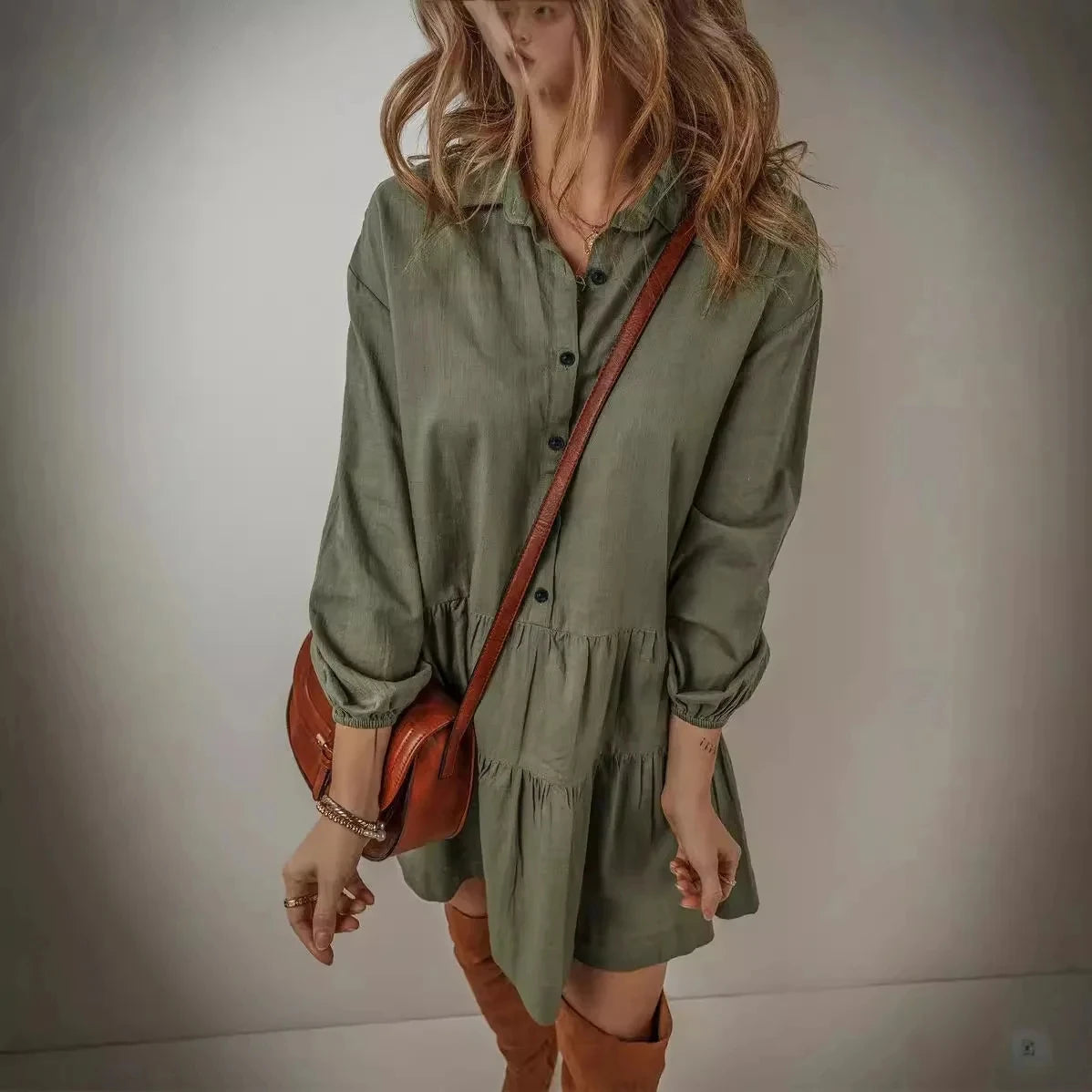 Women Pleated Shirt Dress | Jolina