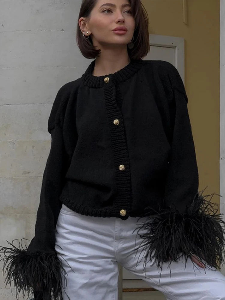 Women Feather Cuff Knit Cardigan | Geraldina