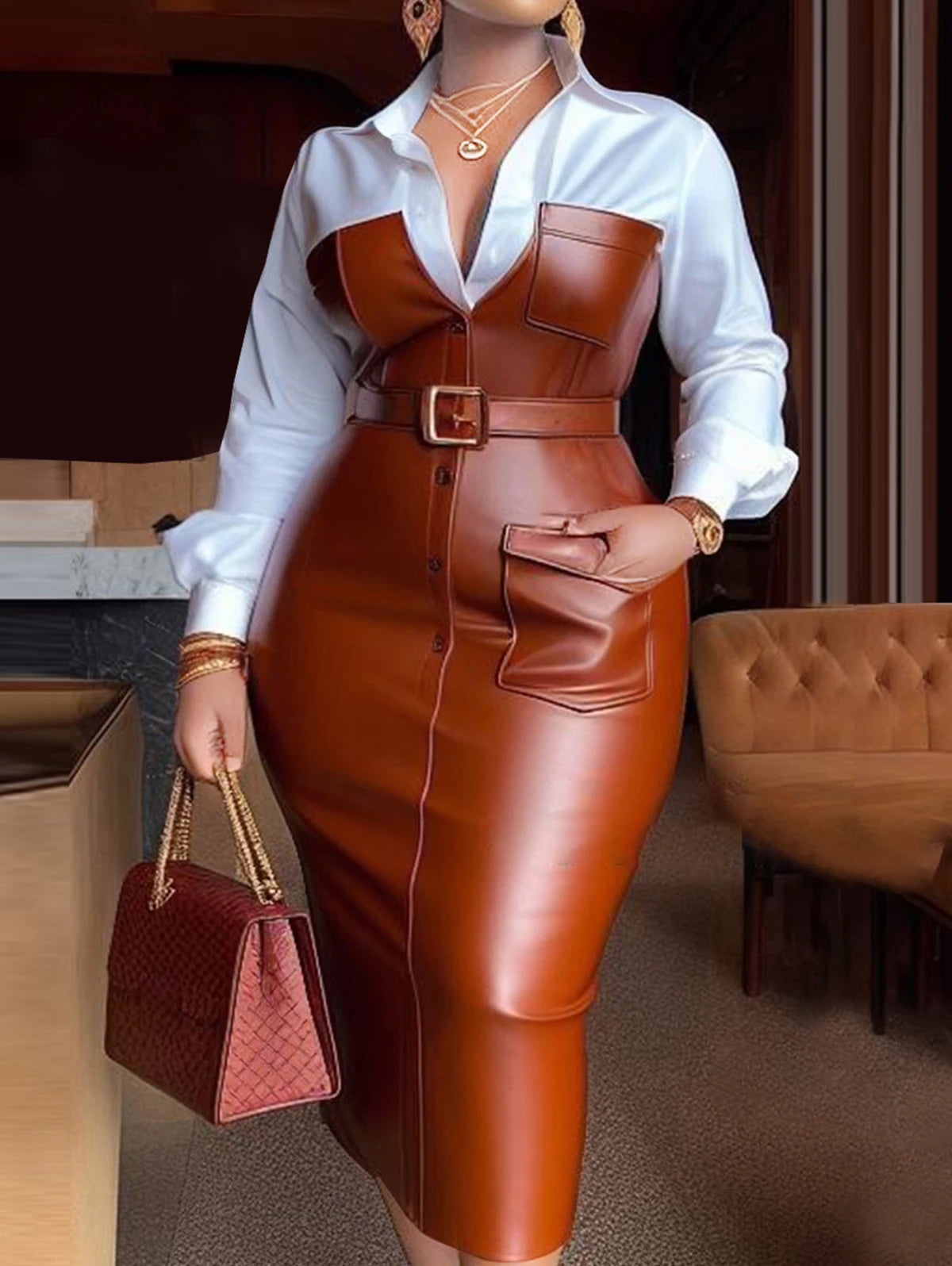 Women Chic Leather Belted Midi Dress | Iola