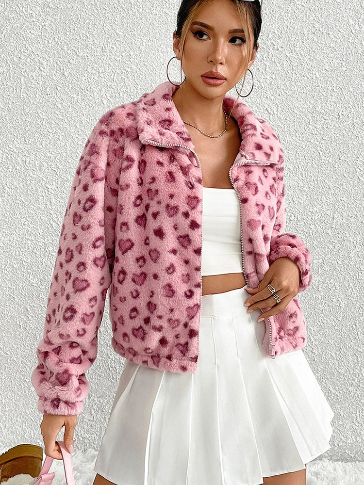Women Pink Leopard Fleece Jacket | Mia
