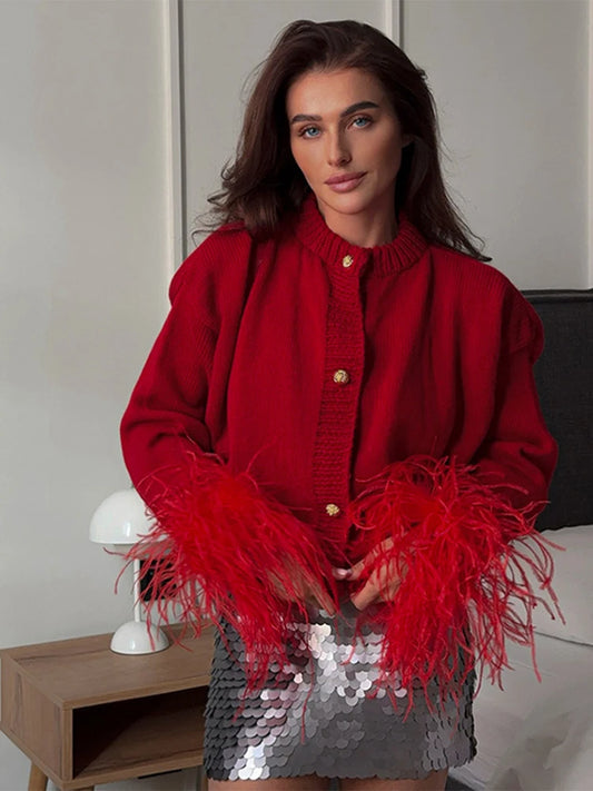 Women Feather Cuff Knit Cardigan | Geraldina