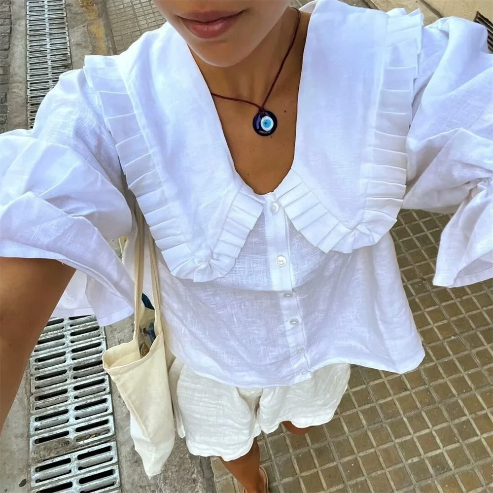 Women Ruffled Collar Linen Button-Up Set | Carmelita