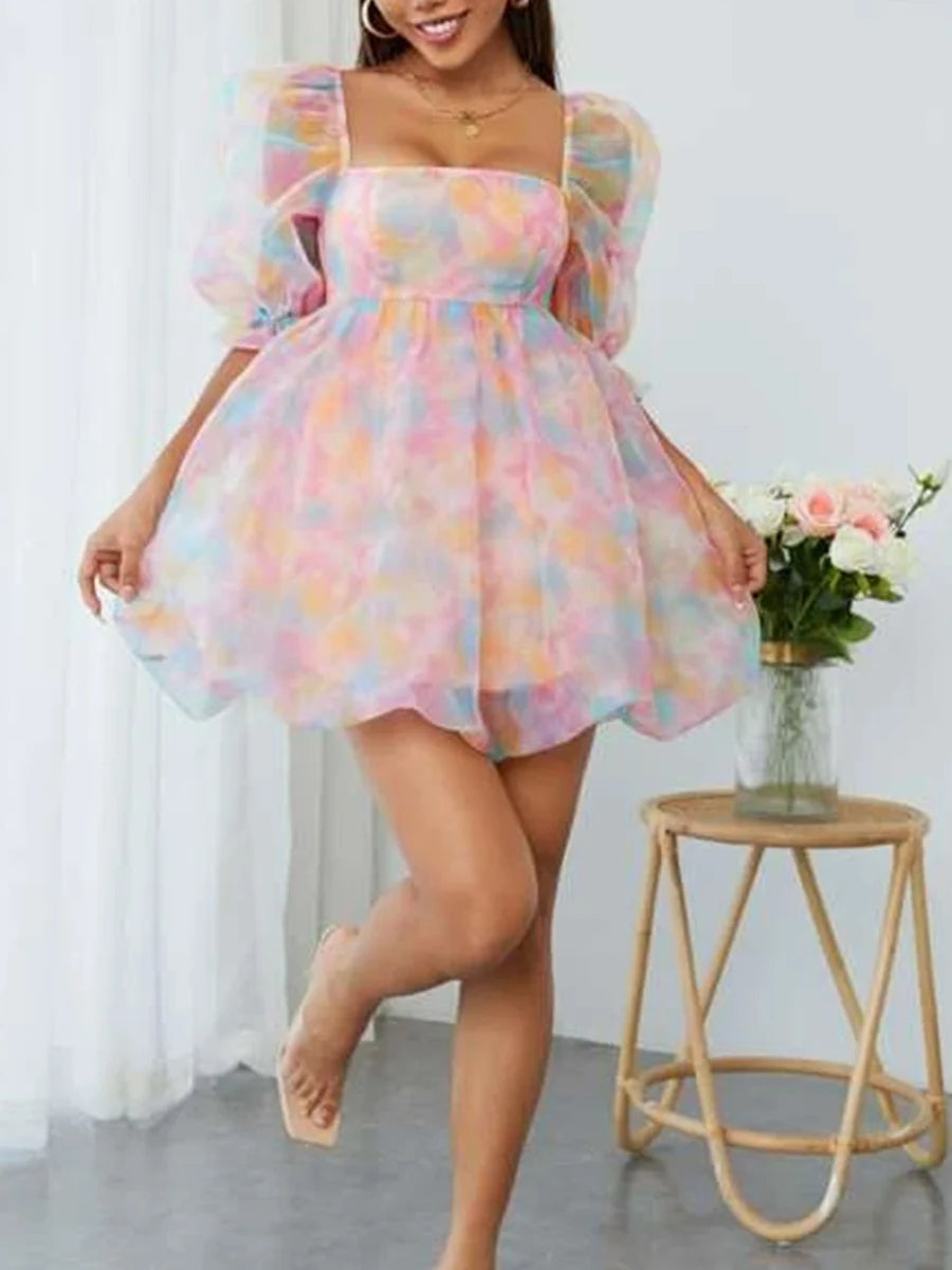 Women Pastel Puff Sleeve Mini Dress | Maricela