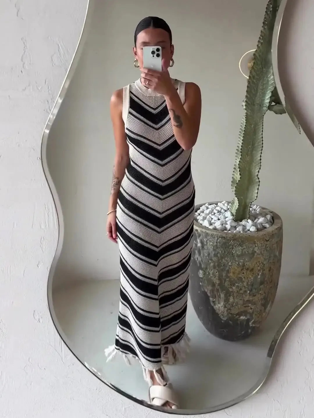 Women Chevron Stripe Maxi Tank Knit Dress | Linna